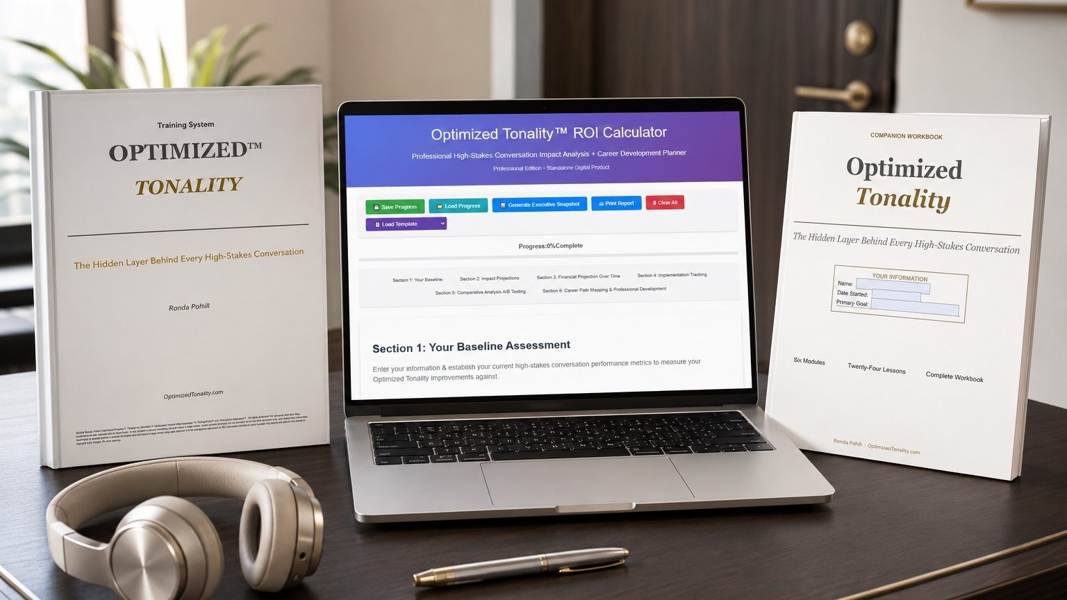 Optimized Tonality Training Manual, Companion Workbook, and ROI Calculator dashboard on a desk